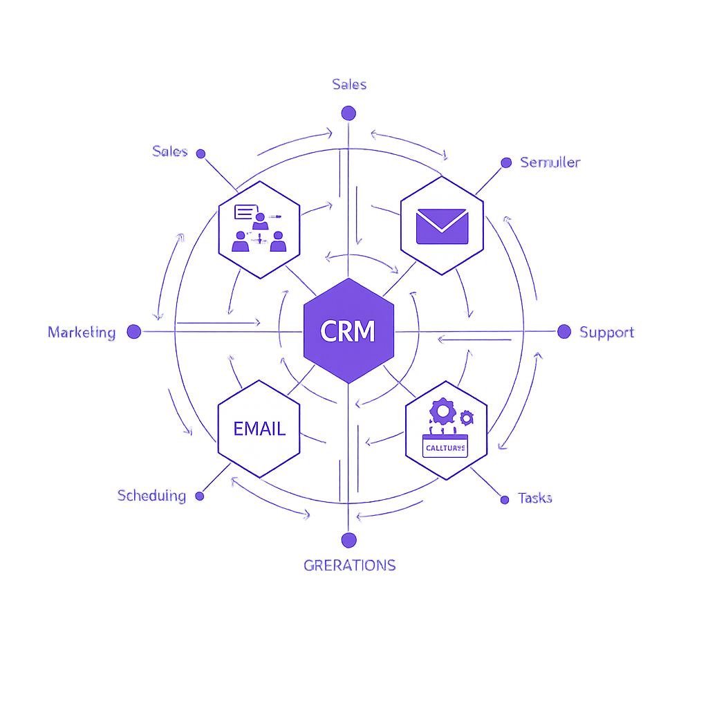 CRM integration diagram illustrating interconnected workflows for sales, marketing, email, scheduling, support, and task management, emphasizing cross-platform automation and operational efficiency.