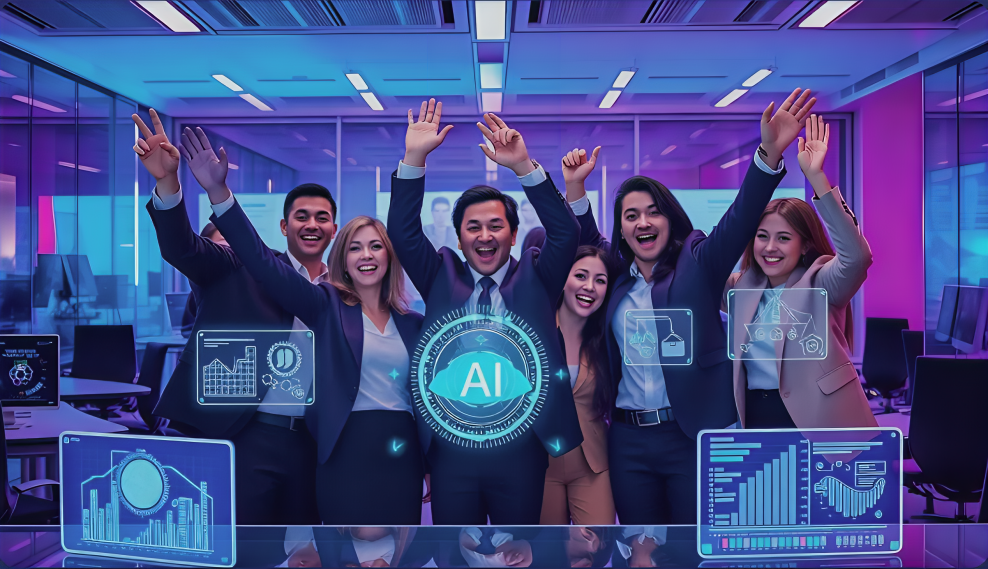 Group of diverse professionals celebrating with raised hands in a modern office, featuring digital AI graphics and data visualizations, symbolizing AI-driven business growth and automation.