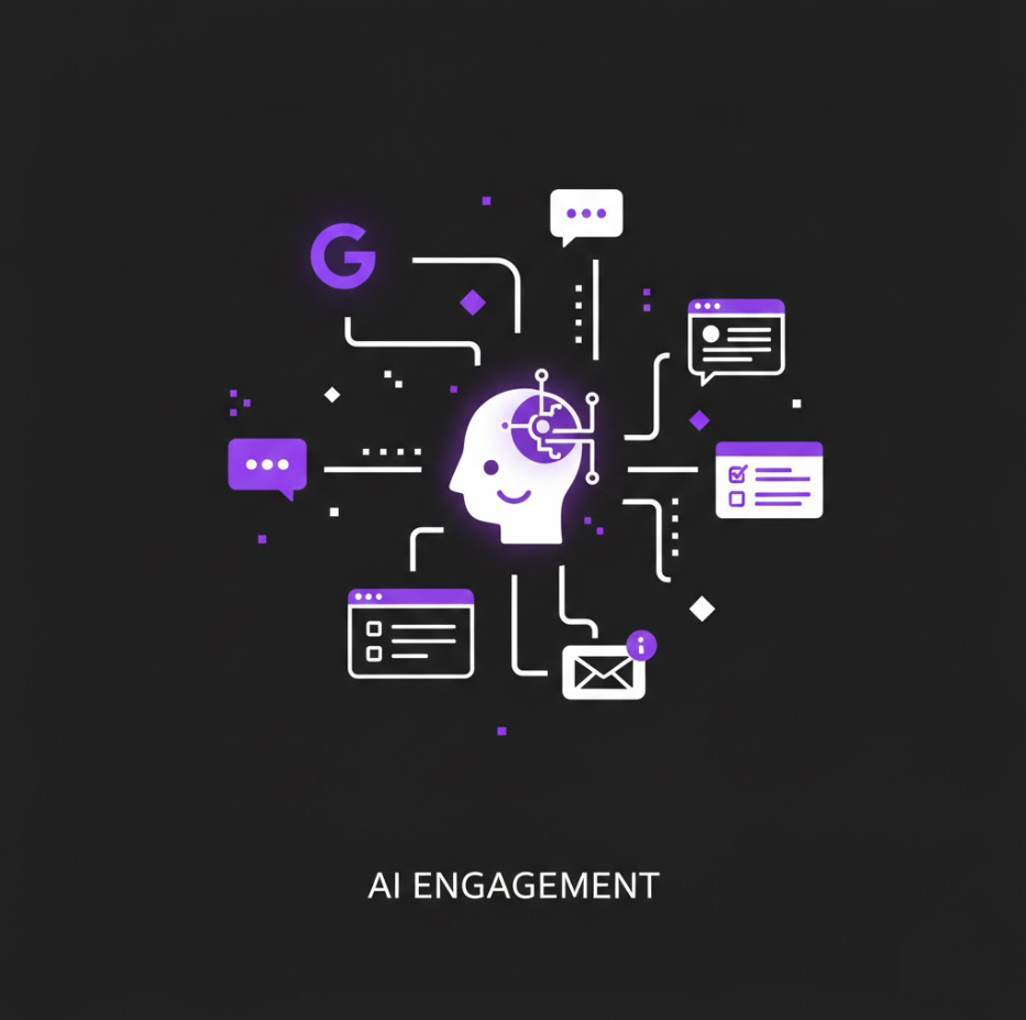 AI engagement graphic depicting a stylized head with digital elements, symbolizing instant communication through chat, surveys, and emails, emphasizing automated lead engagement in marketing.