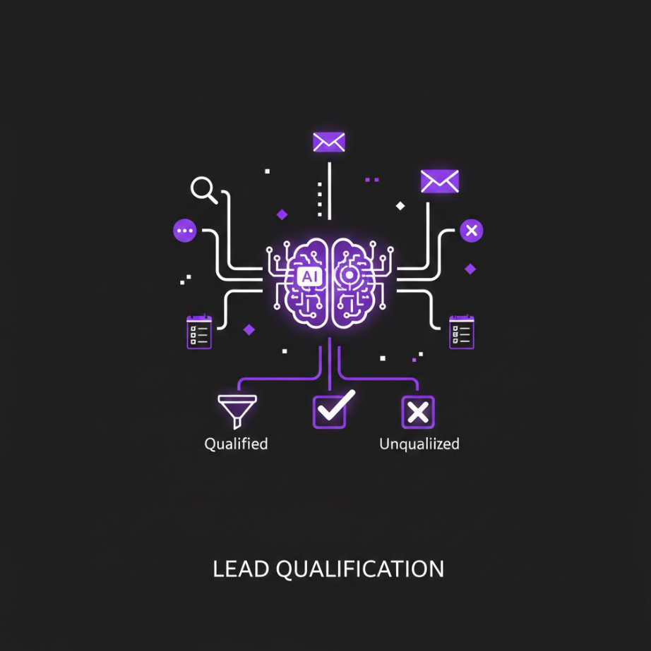 AI brain graphic illustrating lead qualification process with icons for qualified and unqualified leads, email communication, and data collection, emphasizing automated engagement in lead generation.