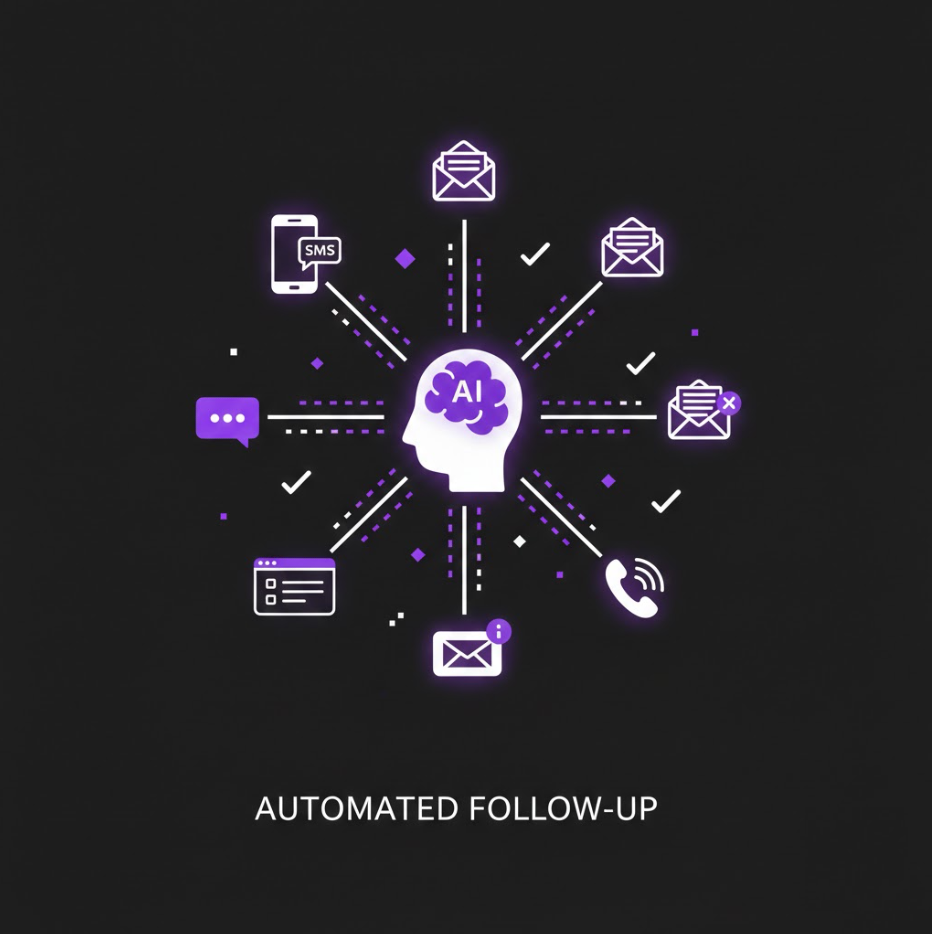 AI brain icon at center with surrounding symbols for SMS, email, voice calls, and chat, illustrating automated follow-up in lead generation.