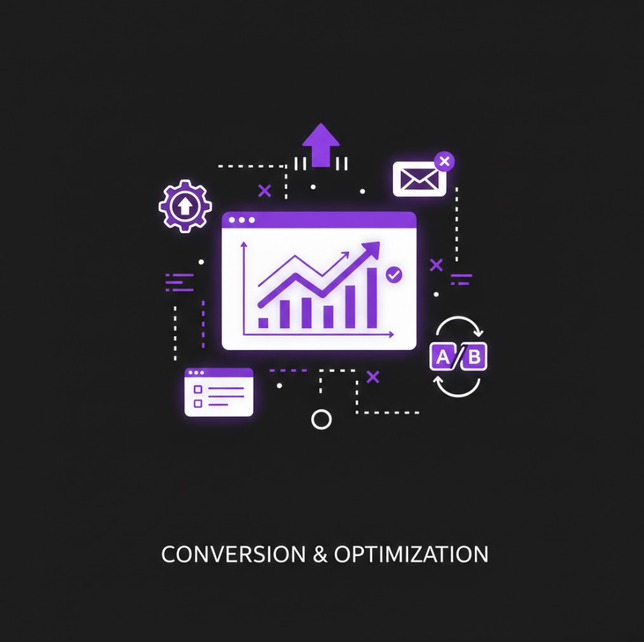 Graph illustrating conversion and optimization strategies, featuring upward trends, A/B testing symbols, and communication icons, emphasizing data-driven improvements in lead generation.