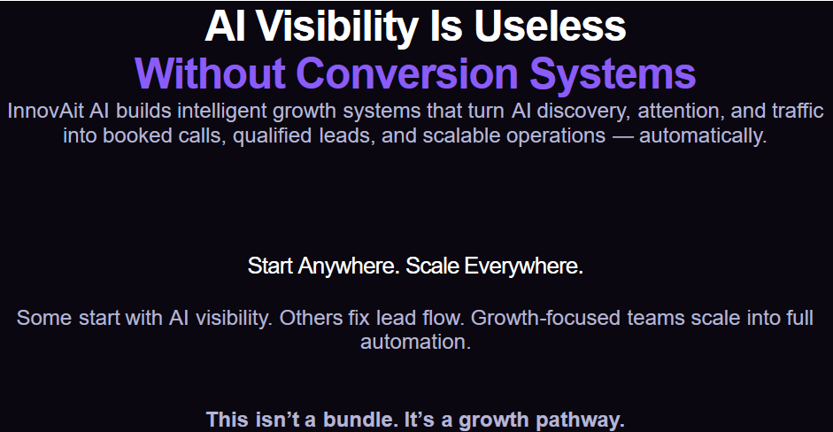 AI visibility and conversion systems text highlighting InnovAit AI's automated growth strategies for turning traffic into scalable operations.