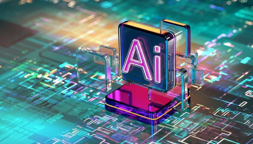 AI symbol on a colorful digital circuit background, representing InnovAit AI's focus on AI optimization and automation solutions for business growth.