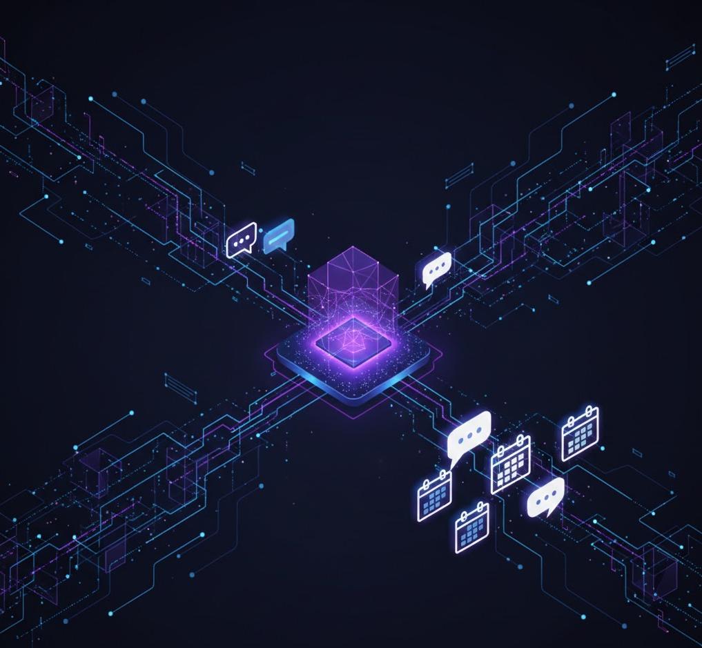 Abstract digital graphic illustrating AI-driven communication and automation systems, featuring interconnected nodes, chat bubbles, and calendar icons, symbolizing lead generation and automated workflows for business growth.