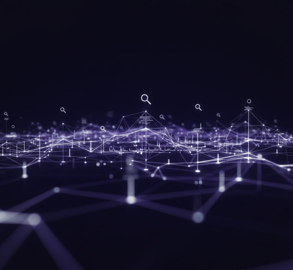 Abstract digital landscape with interconnected nodes and search icons, symbolizing AI search optimization and visibility in digital environments.