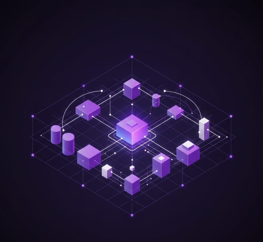 Abstract digital representation of interconnected AI systems and workflows, featuring geometric shapes in purple tones, symbolizing automation and intelligent architecture for business optimization.