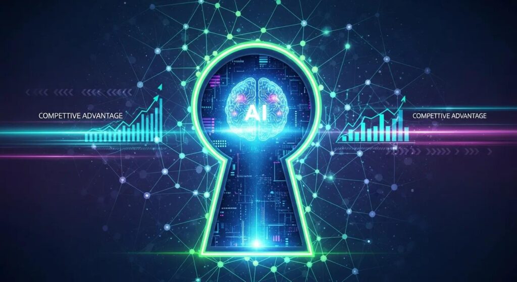 AI brain within a keyhole graphic representing competitive advantage, with data graphs and digital connections, relevant to AI-driven business solutions and optimization strategies.