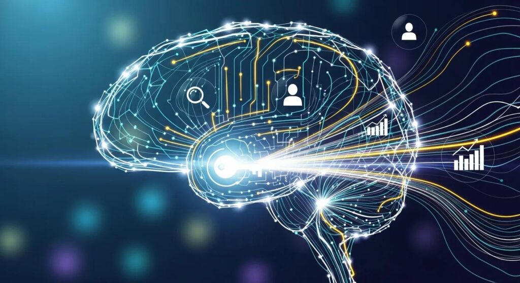 Digital illustration of a brain with circuit patterns, symbolizing AI and data analysis, featuring icons for search, user profiles, and growth metrics, relevant to InnovAit's focus on AI-driven solutions and digital marketing optimization.