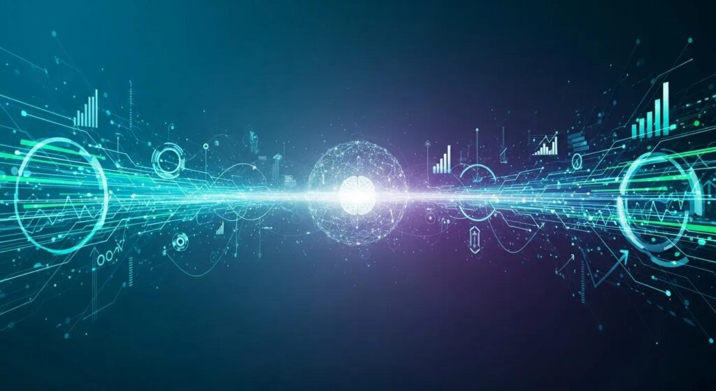 Abstract digital illustration of data flow with graphs and charts, representing AI-driven solutions and optimization strategies for business growth.