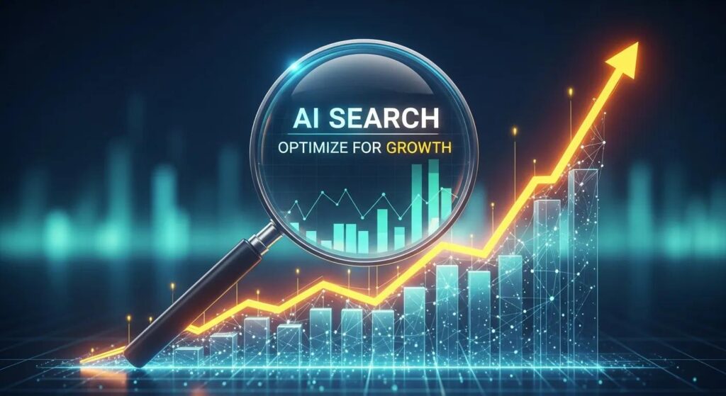 AI search magnifying glass highlighting "Optimize for Growth" over a rising graph, symbolizing AI-driven business growth and optimization strategies.