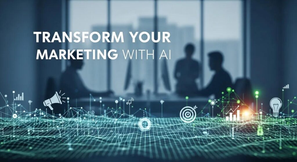 Transform your marketing with AI graphic featuring silhouettes of professionals in a meeting, surrounded by digital marketing icons and data visualization elements.