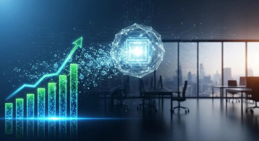 Digital graph showing upward trend in productivity and AI technology integration in modern business environments.