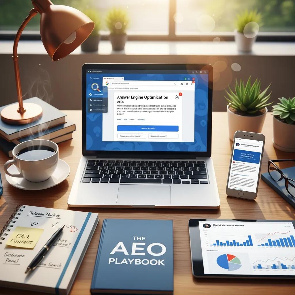 Modern workspace featuring a laptop displaying "Answer Engine Optimization" webpage, smartphone and tablet with digital marketing content, coffee cup, and "The AEO Playbook" on a desk, emphasizing AEO strategies for AI-driven search systems.