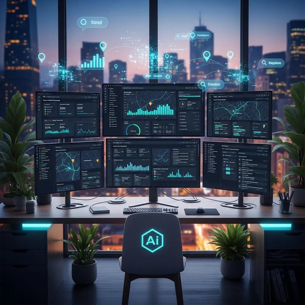 Multiple monitors displaying AI-driven analytics dashboards for local SEO and geo-optimization, with city skyline in the background, highlighting data visualization and performance metrics.