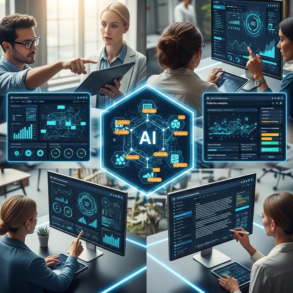 AI dashboard displaying predictive analytics and data visualization; professionals collaborating on AI integration for workflow optimization in a modern office setting.