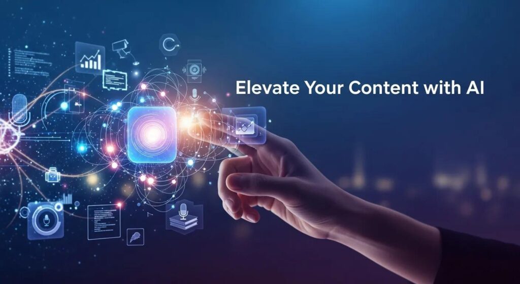 Hand interacting with a digital interface showcasing AI elements and data analytics, emphasizing content elevation through AI technology.