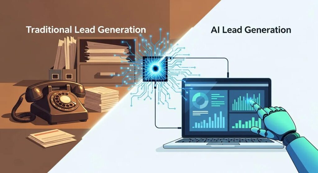 Traditional lead generation with a rotary phone and paperwork contrasted with AI lead generation using a laptop and robotic hand, illustrating the evolution of lead generation methods.