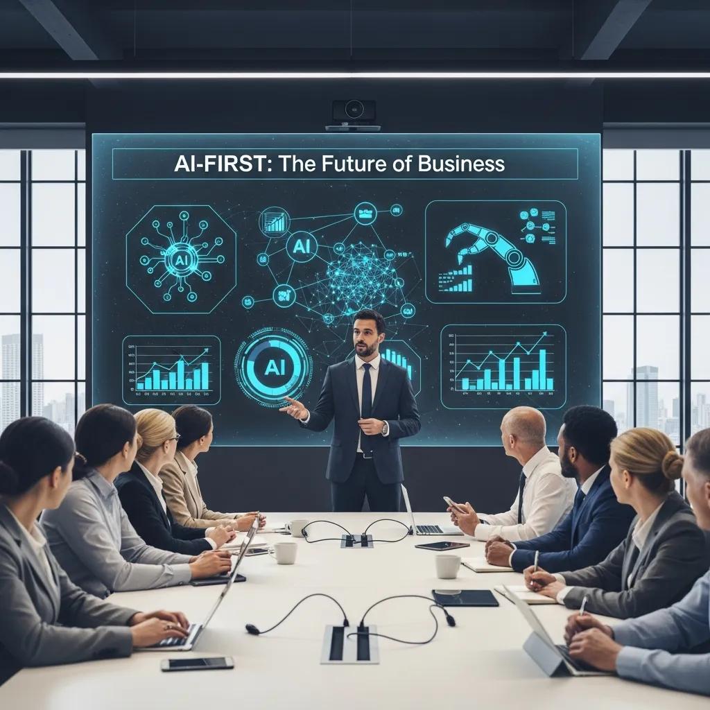 Business leader presenting AI-first strategy in a modern conference room, with visuals of AI data analytics and business growth metrics displayed on a screen, emphasizing AI's role in transforming business models and enhancing operational efficiency.