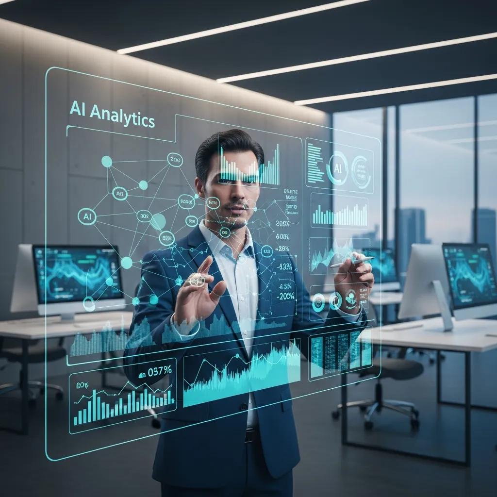 Business professional interacting with AI analytics data in a high-tech office, visualizing advanced metrics and insights to enhance operational efficiency and decision-making.