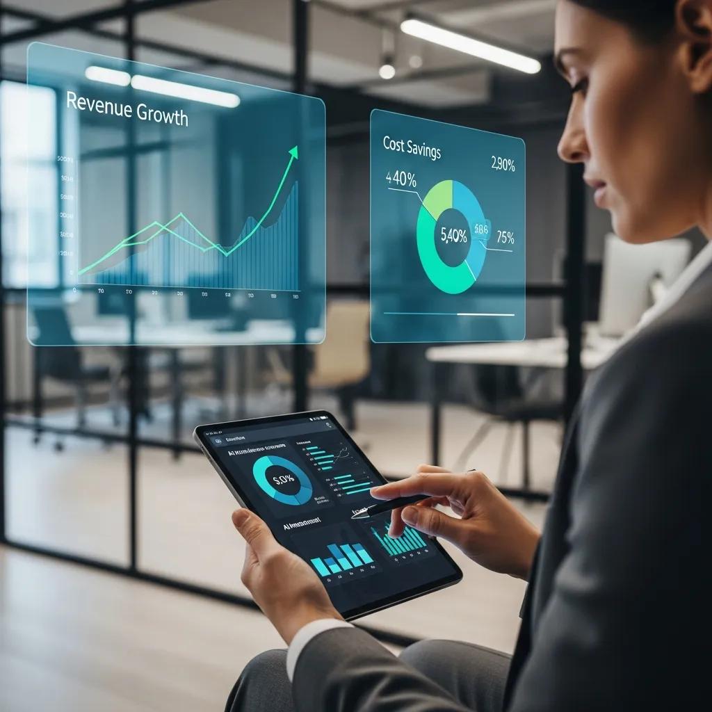 Business professional analyzing AI investment metrics on tablet, displaying revenue growth and cost savings data visualizations, emphasizing AI ROI and operational efficiency.