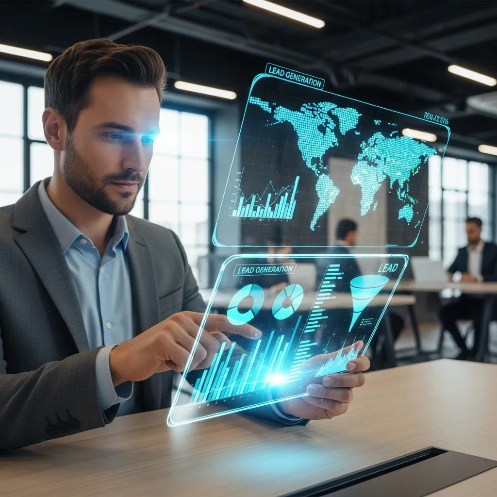 Business professional analyzing lead generation data on a holographic tablet in a modern workspace, featuring graphs and global maps, illustrating AI-driven strategies for personalized brand messaging and lead capture.