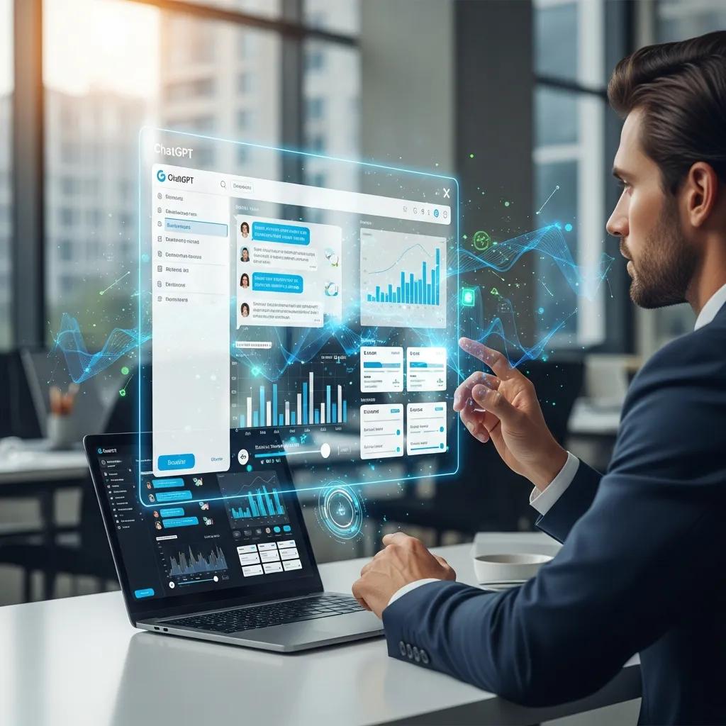 Business professional interacting with ChatGPT technology on a laptop in a modern office, displaying data analytics and communication tools for enhanced engagement and lead generation.