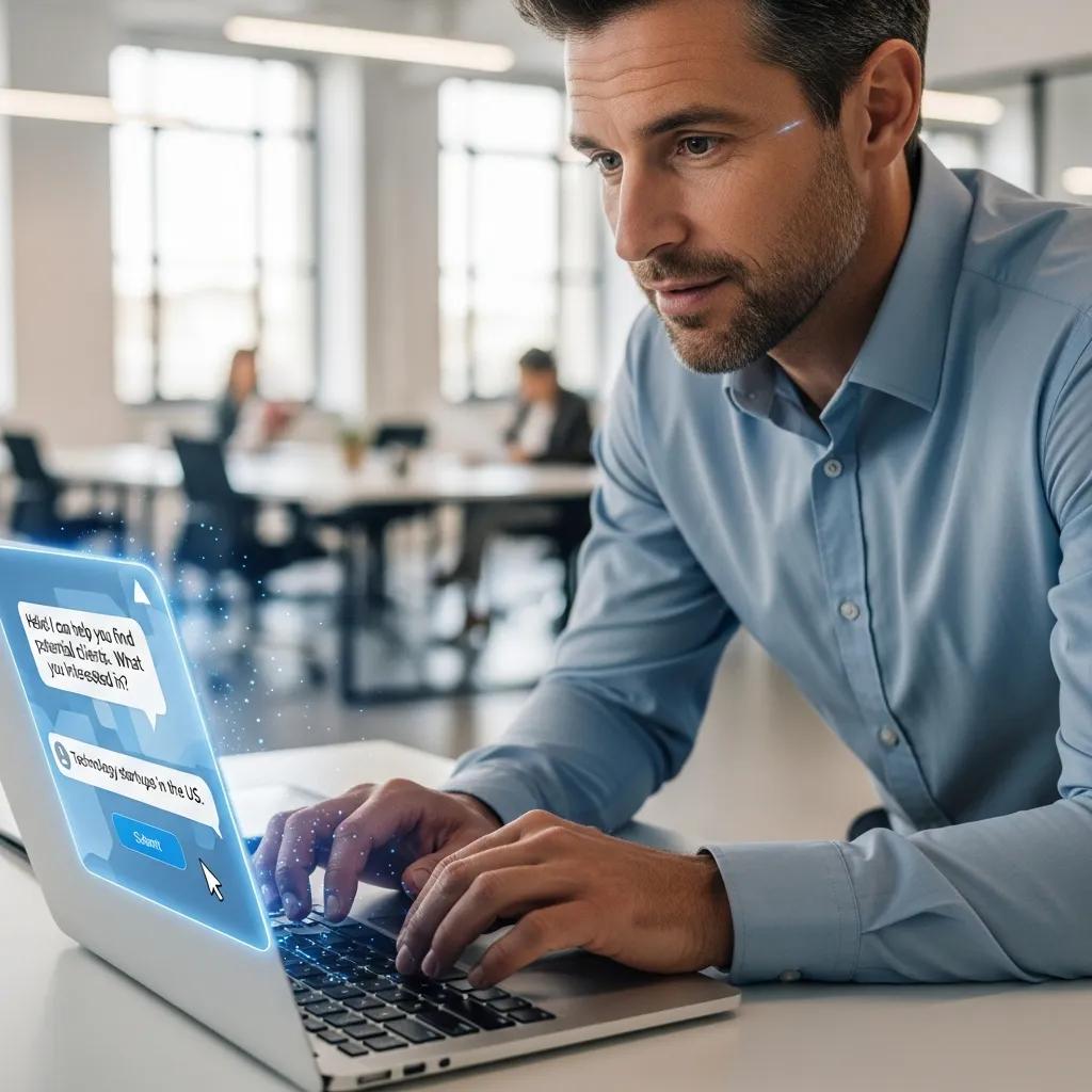 Business professional interacting with a chatbot on a laptop, representing AI-driven lead generation and automated engagement strategies.