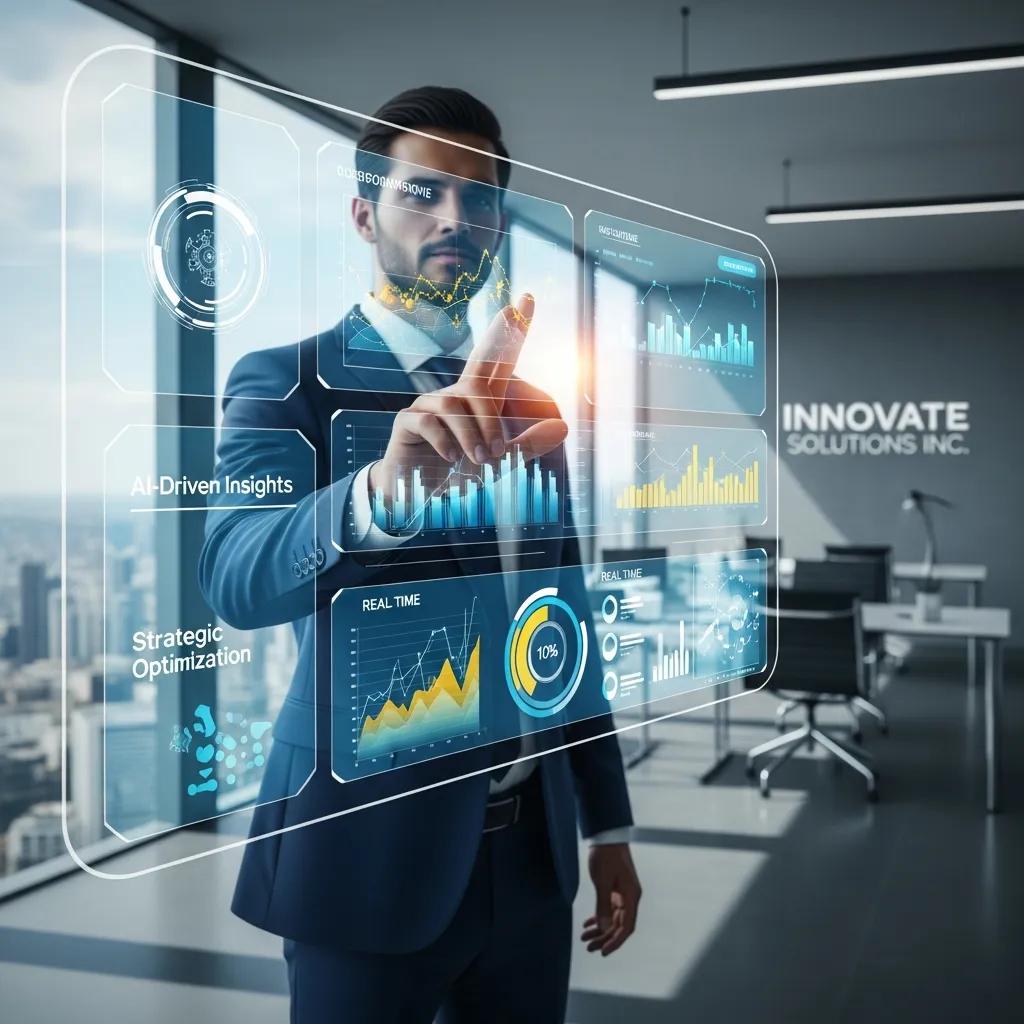 Business professional interacting with AI-driven analytics dashboard, showcasing strategic optimization and real-time data insights for digital marketing strategies.