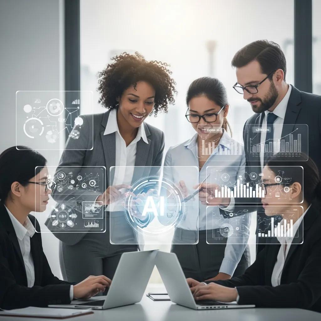 Business professionals collaborating on AI lead qualification strategies, analyzing data visualizations and graphs, with an emphasis on artificial intelligence in B2B sales.