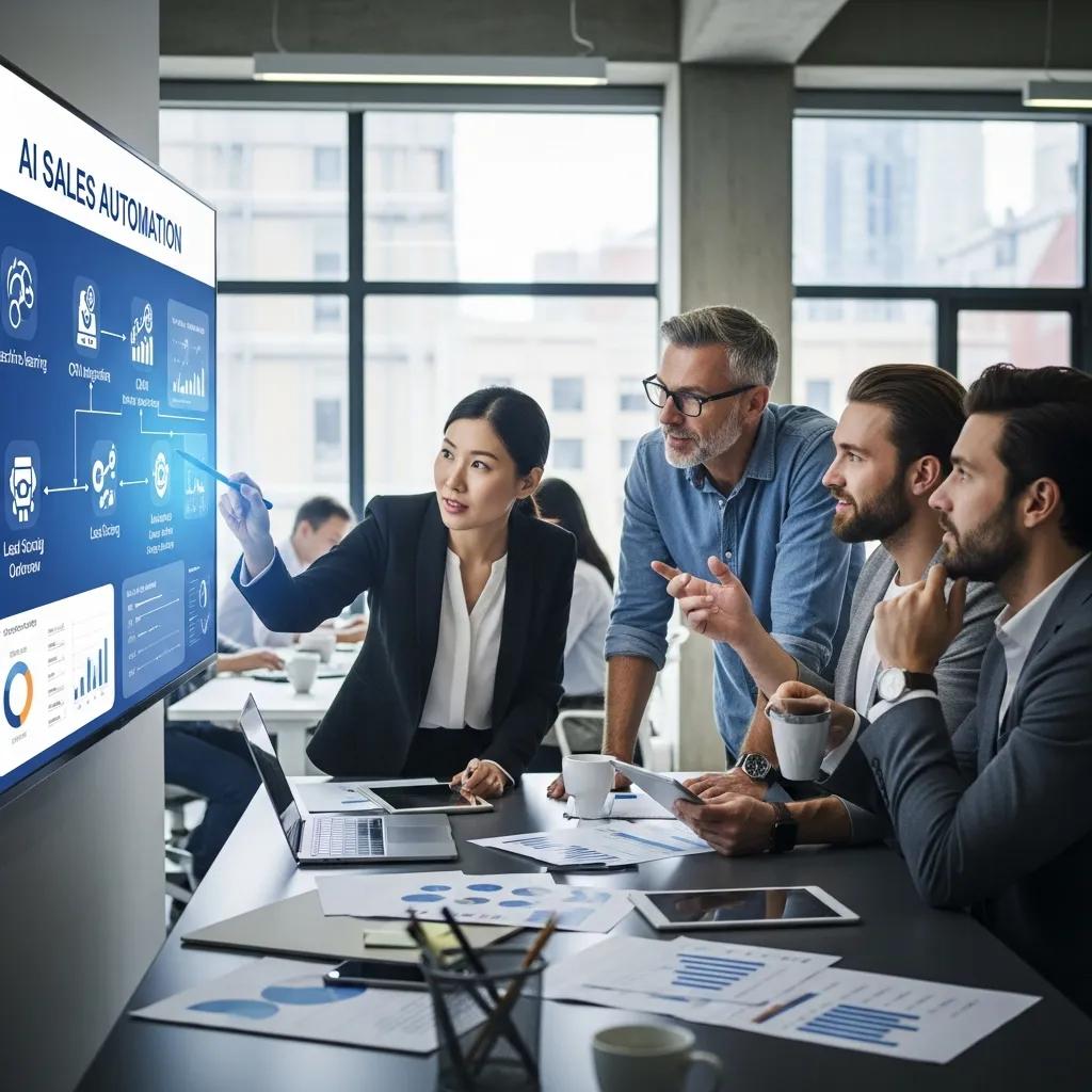 Business team discussing AI sales automation strategies, analyzing metrics on a presentation screen, with focus on lead scoring and engagement levels in a modern office setting.