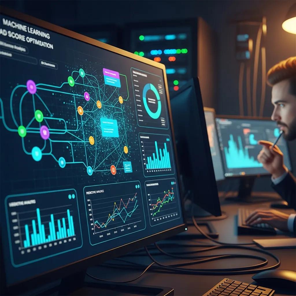 Close-up of a computer screen displaying machine learning algorithms for lead scoring optimization, featuring data analytics graphs and network visualizations, with a person analyzing the information in a dimly lit environment.