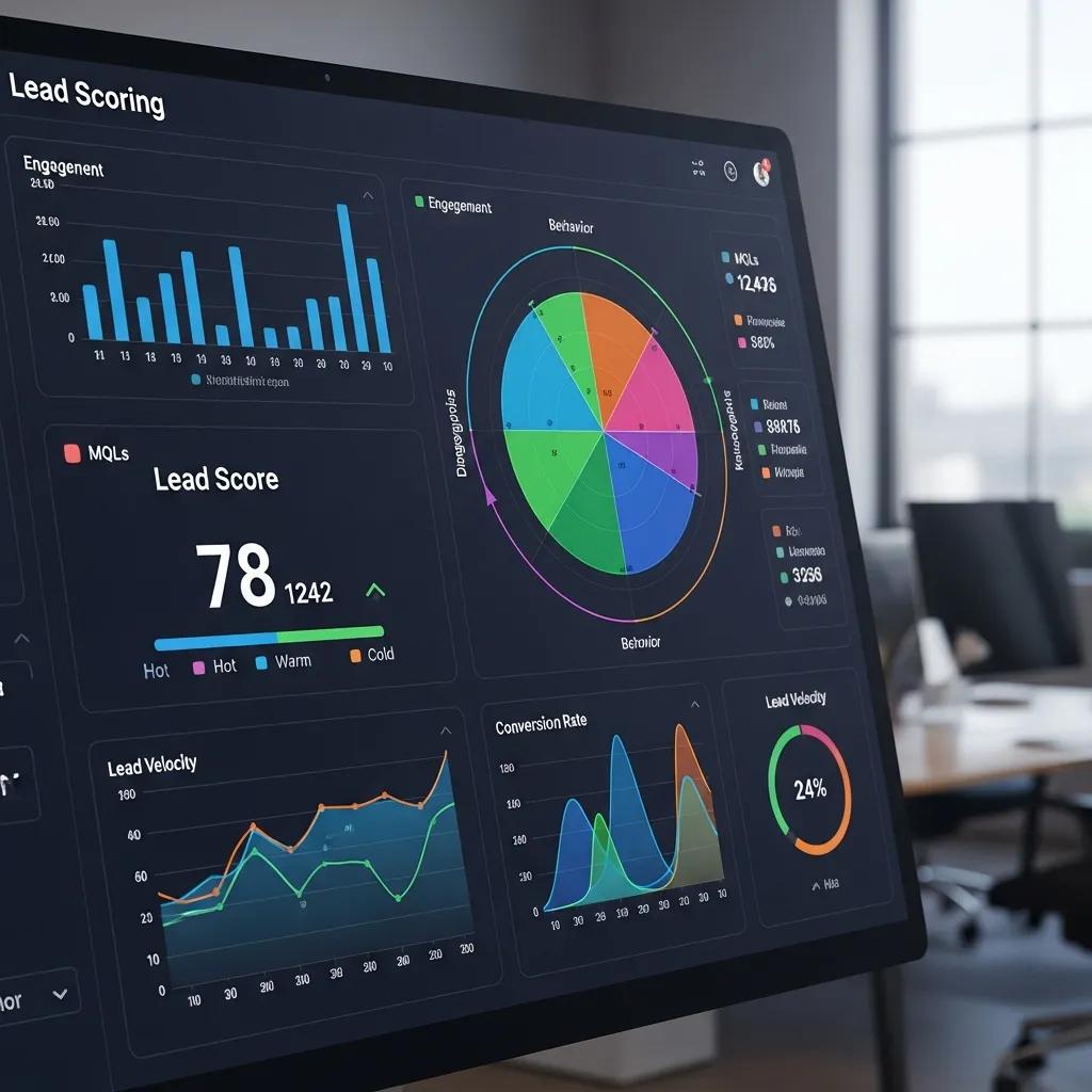 Close-up of a lead scoring dashboard displaying metrics like engagement, lead score of 78, conversion rate, and lead velocity, illustrating intelligent algorithms for data-driven decision-making in sales optimization.