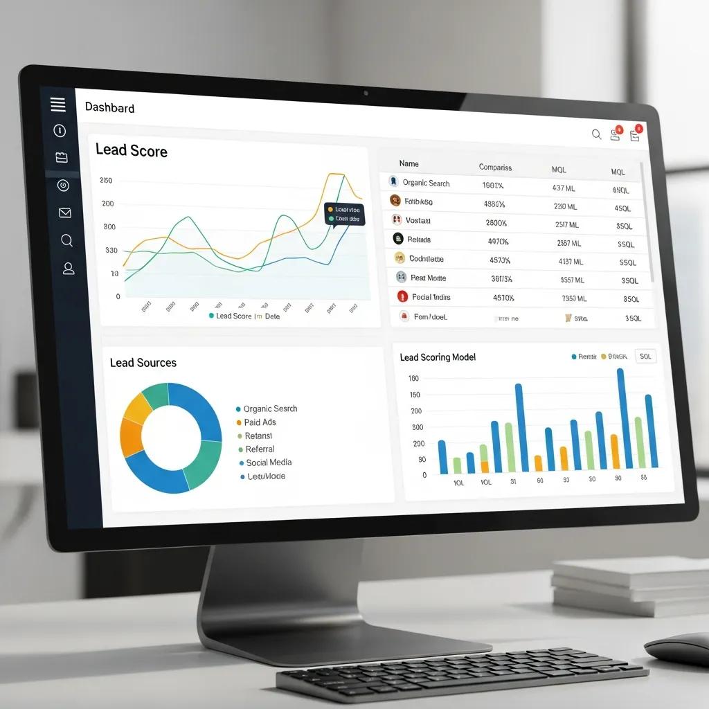 Dashboard displaying lead scoring metrics and sources, featuring graphs and data for AI-driven sales qualification and optimization strategies.