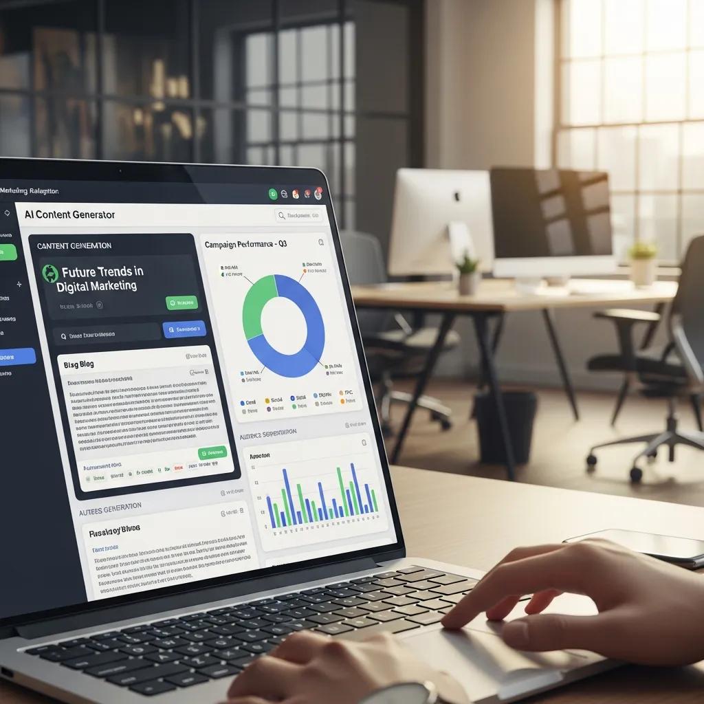 Laptop displaying AI content generation dashboard with analytics and campaign performance metrics in a modern office setting.