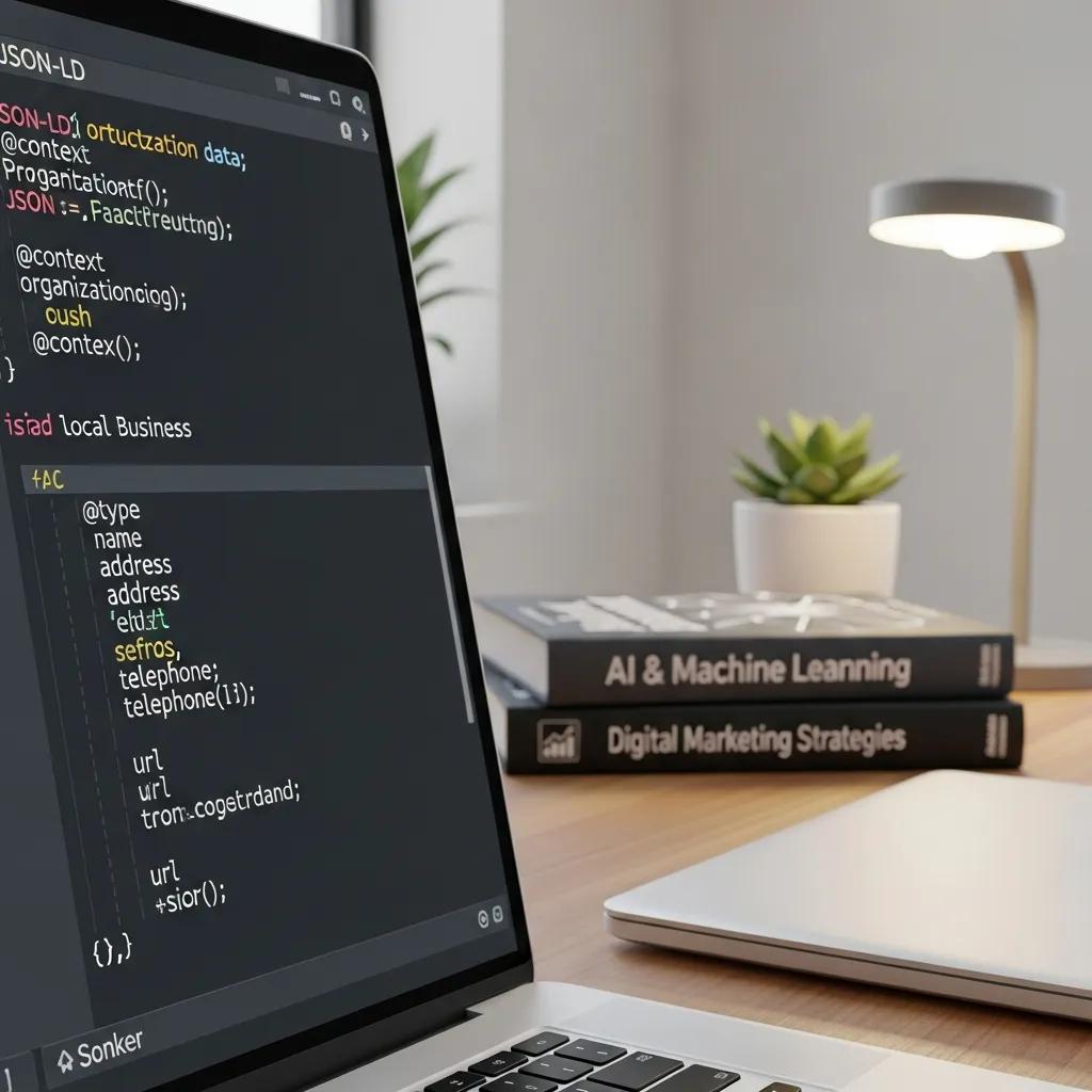 Laptop displaying structured data code for local business schema markup, with books on AI and digital marketing strategies in the background.