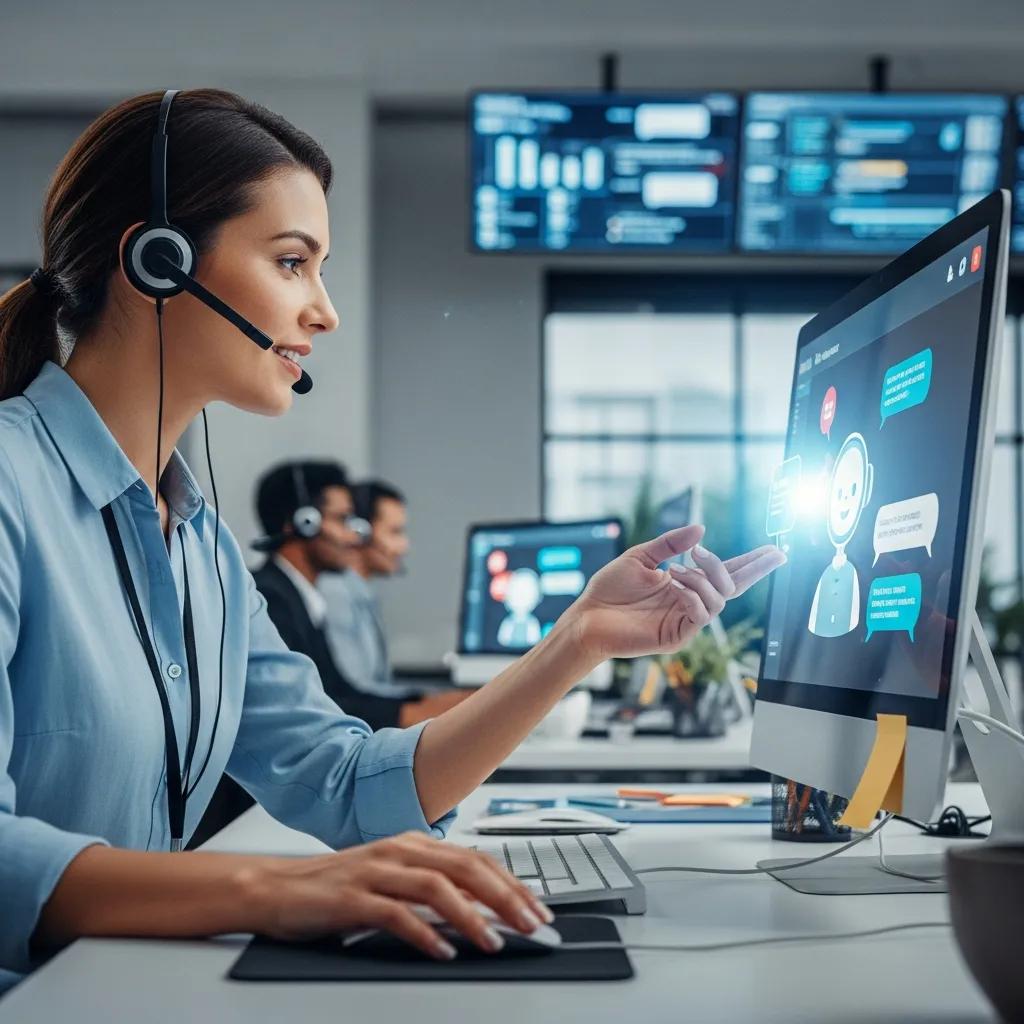 Customer service representative engaging with AI chatbot on computer screen, illustrating multi-channel AI lead capture and enhanced lead engagement in a modern office environment.