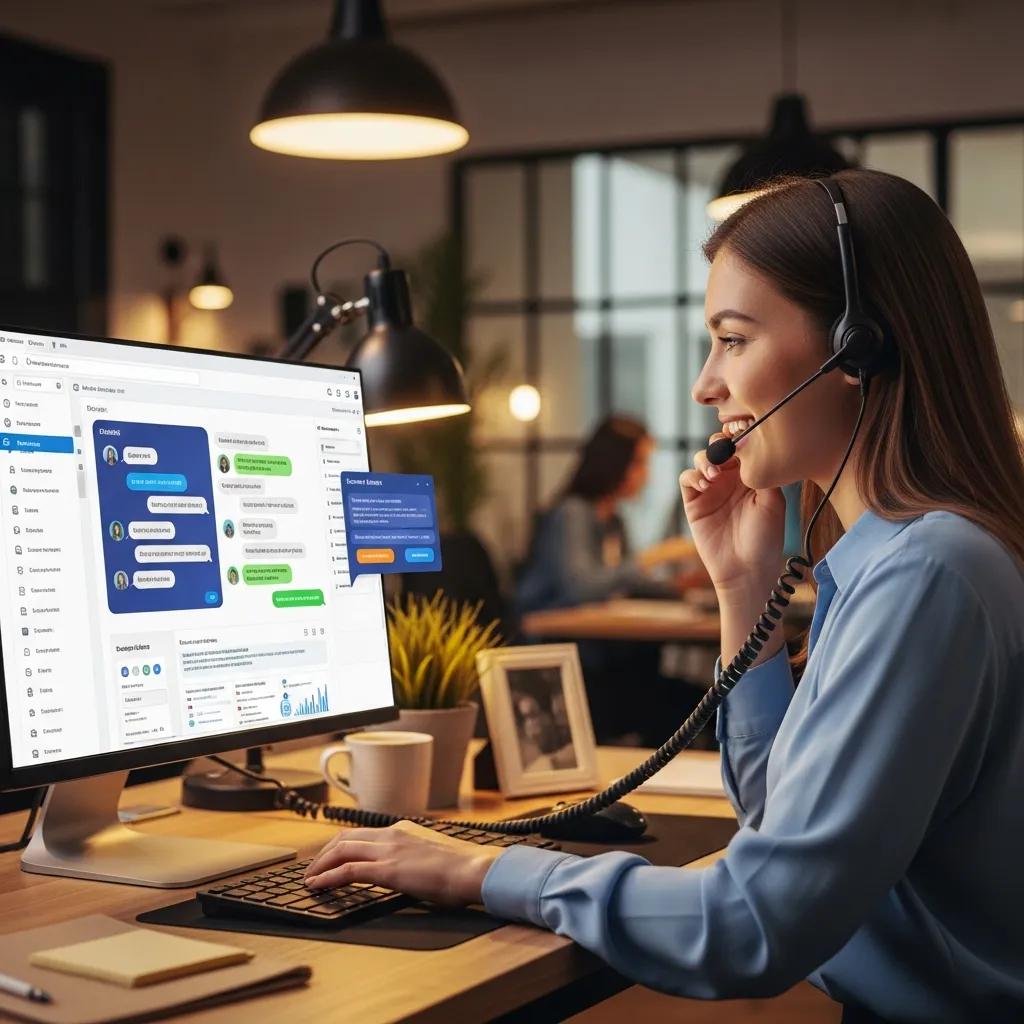 Customer service representative using AI tools for personalized interactions, engaged in a conversation, with a computer screen displaying chat interface and data analytics in a modern office setting.