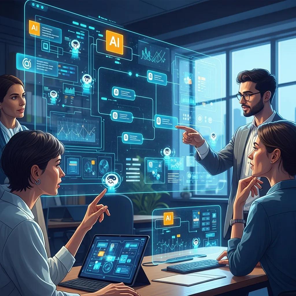 Professional team discussing customized AI solutions, analyzing data visualizations and decision workflows on a digital interface in a modern office setting.