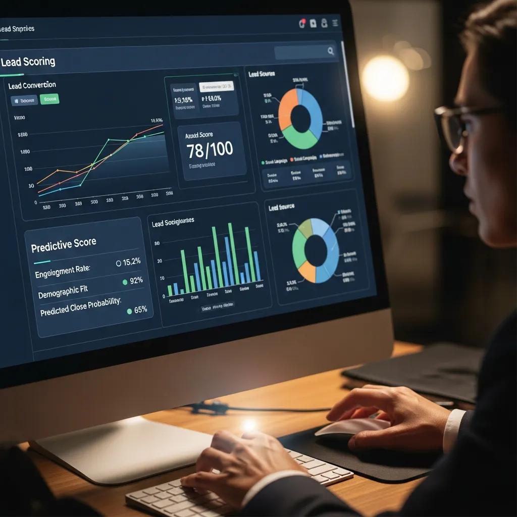 Dashboard displaying AI-driven lead scoring metrics, including lead conversion rates, predictive scores, engagement rates, and demographic fit, illustrating the application of machine learning in optimizing B2B sales strategies.