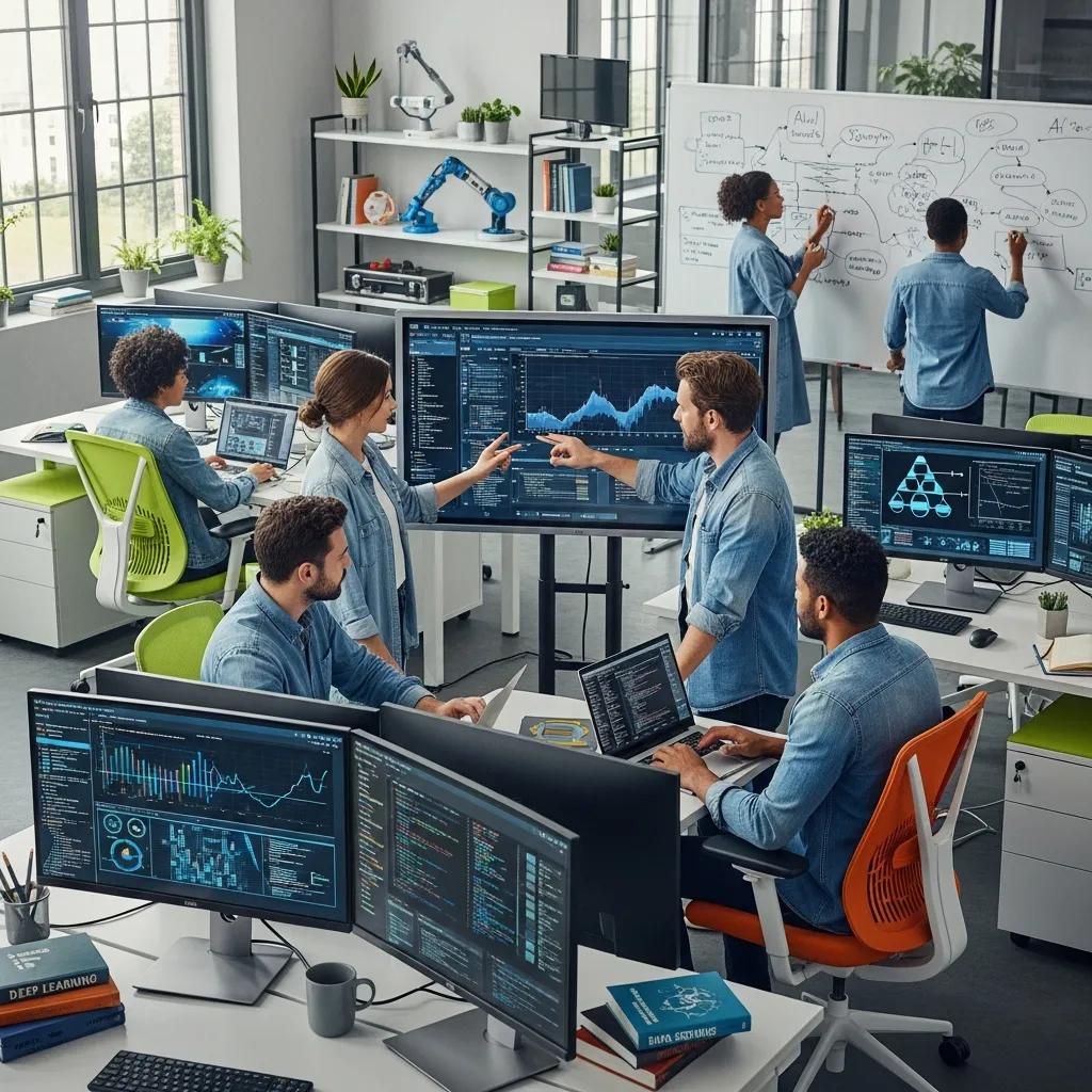 Data scientists collaborating in a modern office, analyzing AI development on multiple screens, discussing insights, and brainstorming strategies for in-house AI solutions.