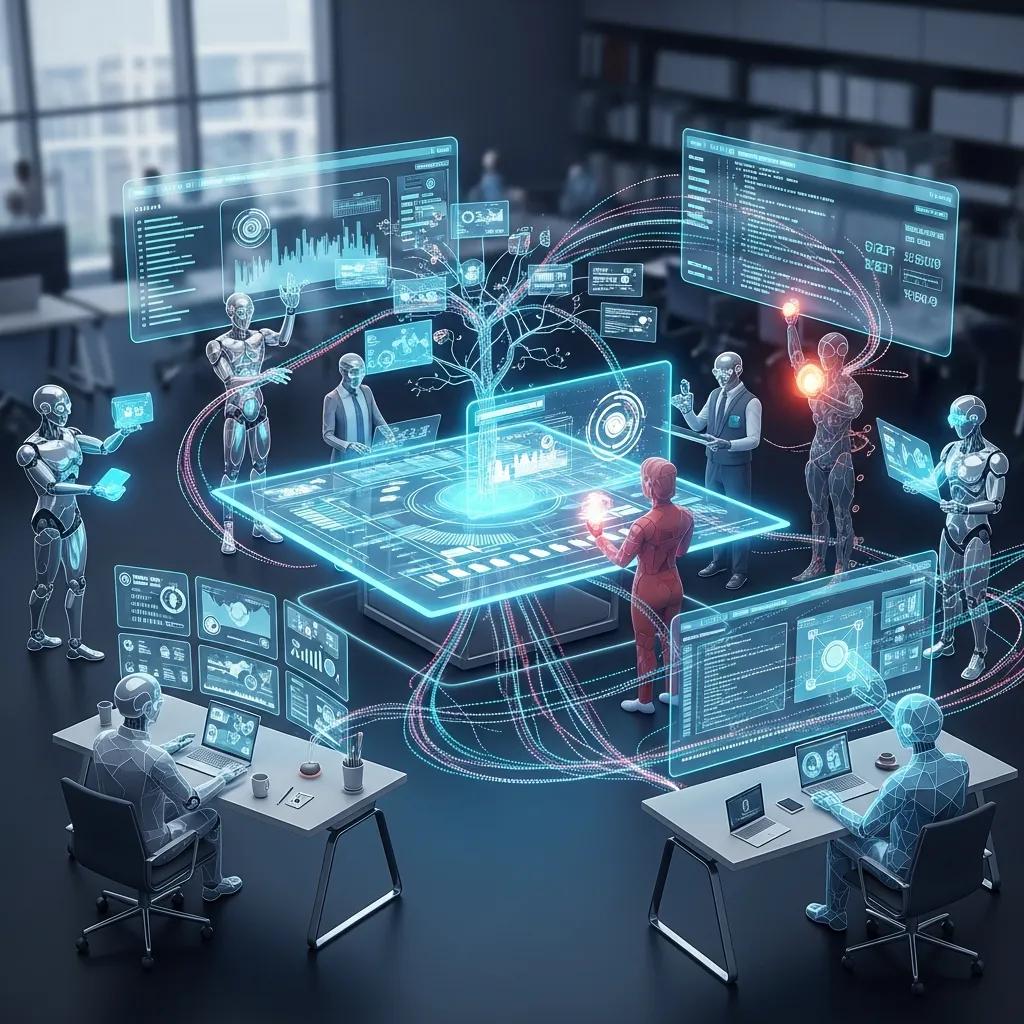 Digital agents collaborating in a seamless workflow environment, showcasing automation, integration, and data visualization for enhanced operational efficiency.