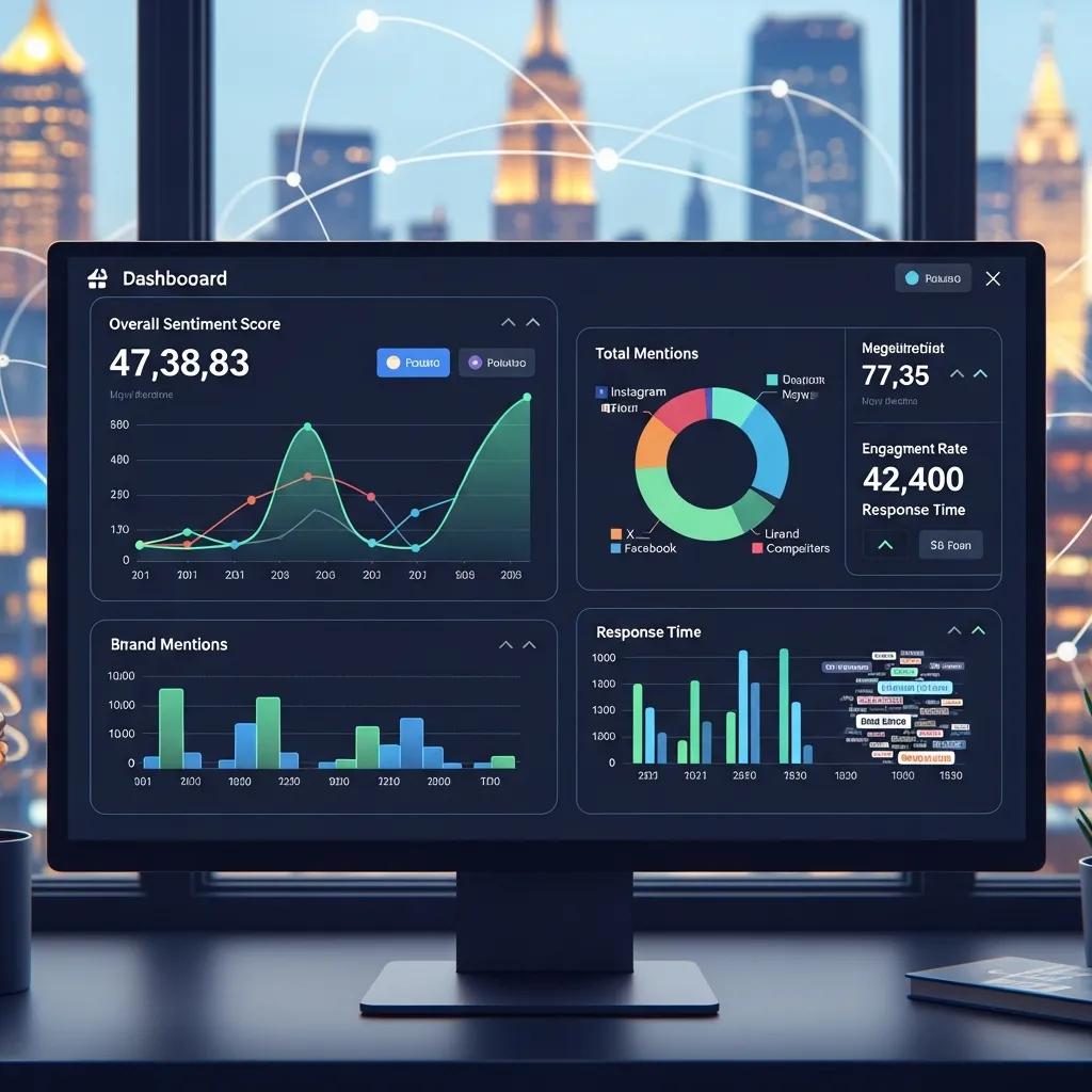Digital dashboard displaying brand reputation metrics, including overall sentiment score, brand mentions, and engagement rates, with a cityscape background highlighting AI-driven analytics for reputation management.