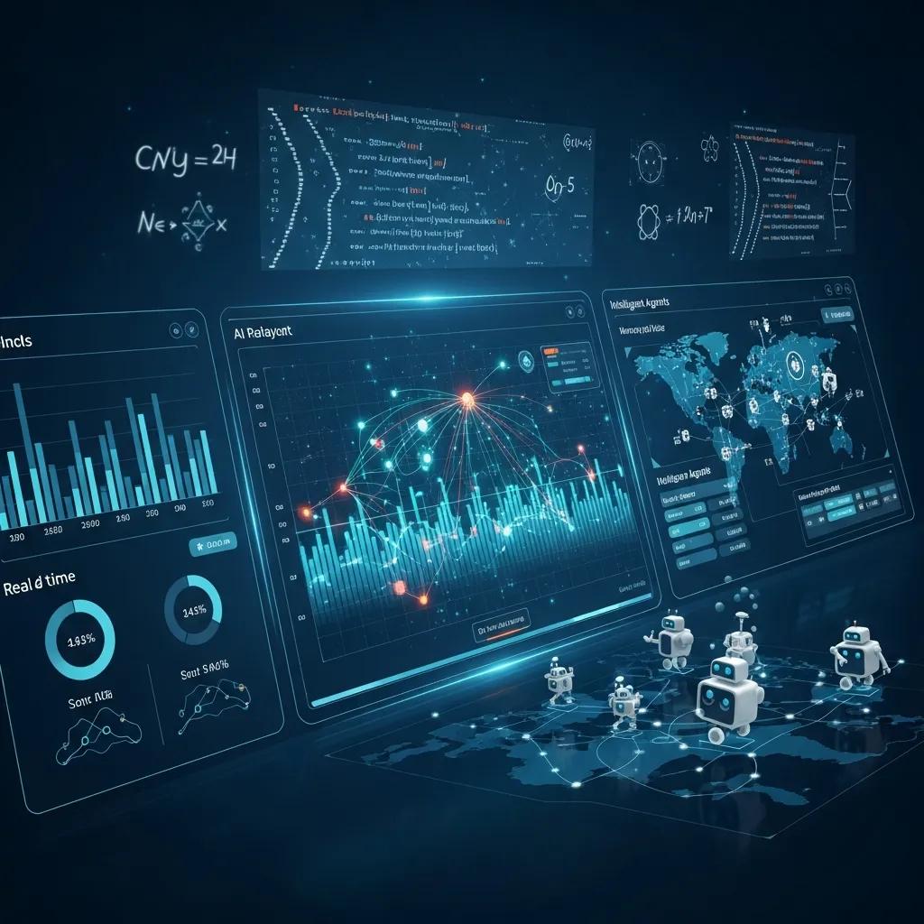 Digital interface displaying AI algorithms, intelligent agents, and workflow automation with data visualizations, charts, and robotic figures representing multi-agent systems for business process optimization.