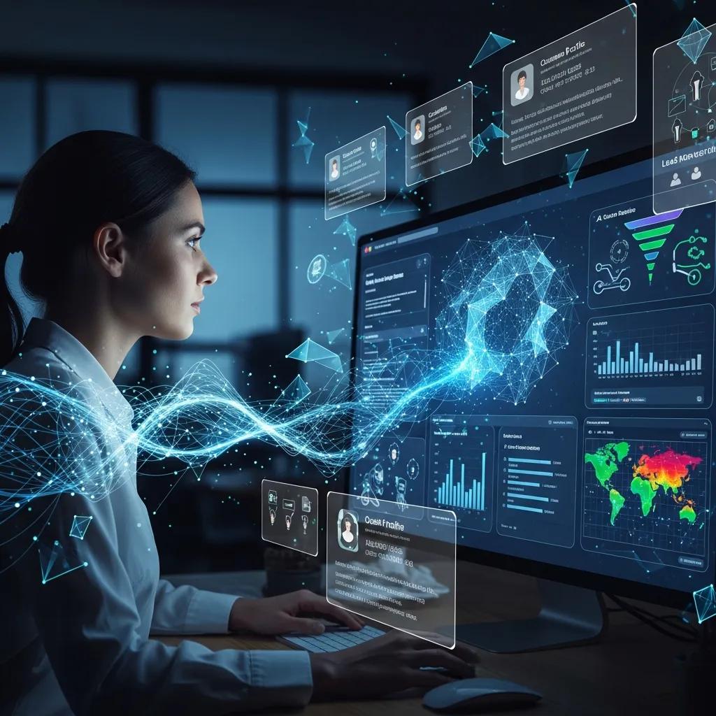 Professional analyzing AI-driven data for lead generation on a computer screen with visual data representations and user profiles.