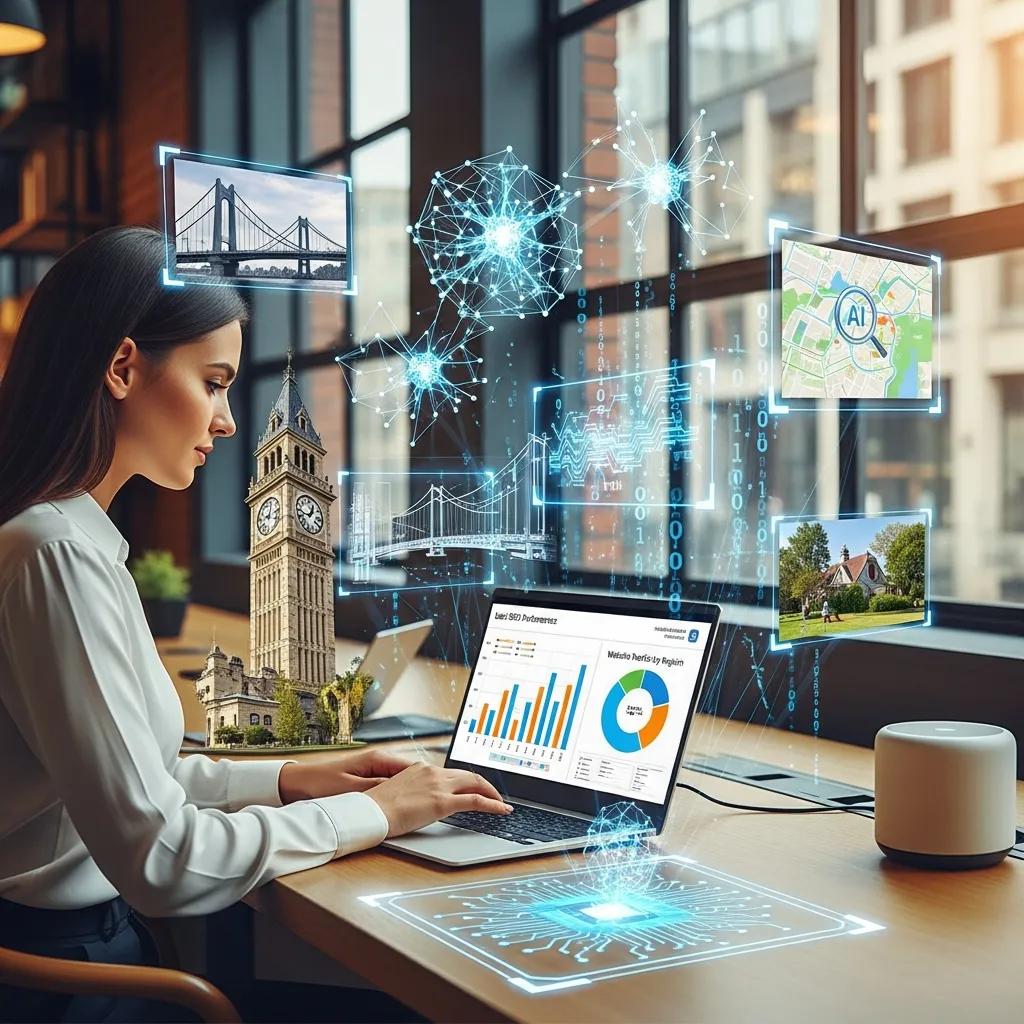 Woman using laptop with AI technology visuals, analyzing local SEO data, local landmarks, and performance graphs for AEO and GEO optimization services.