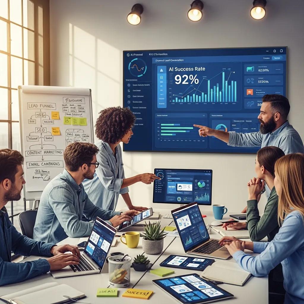 Digital marketing team collaborating on AI lead generation strategies, analyzing data on screens, showcasing an AI success rate of 92%, and discussing measurable ROI and performance metrics.