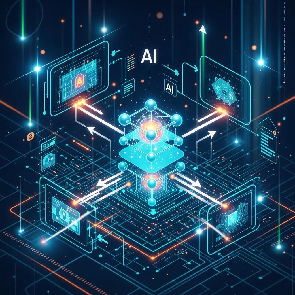 Digital representation of AI algorithms with interconnected nodes and data flow, illustrating search optimization and automated entity optimization concepts relevant to DominAit's AI search platform.