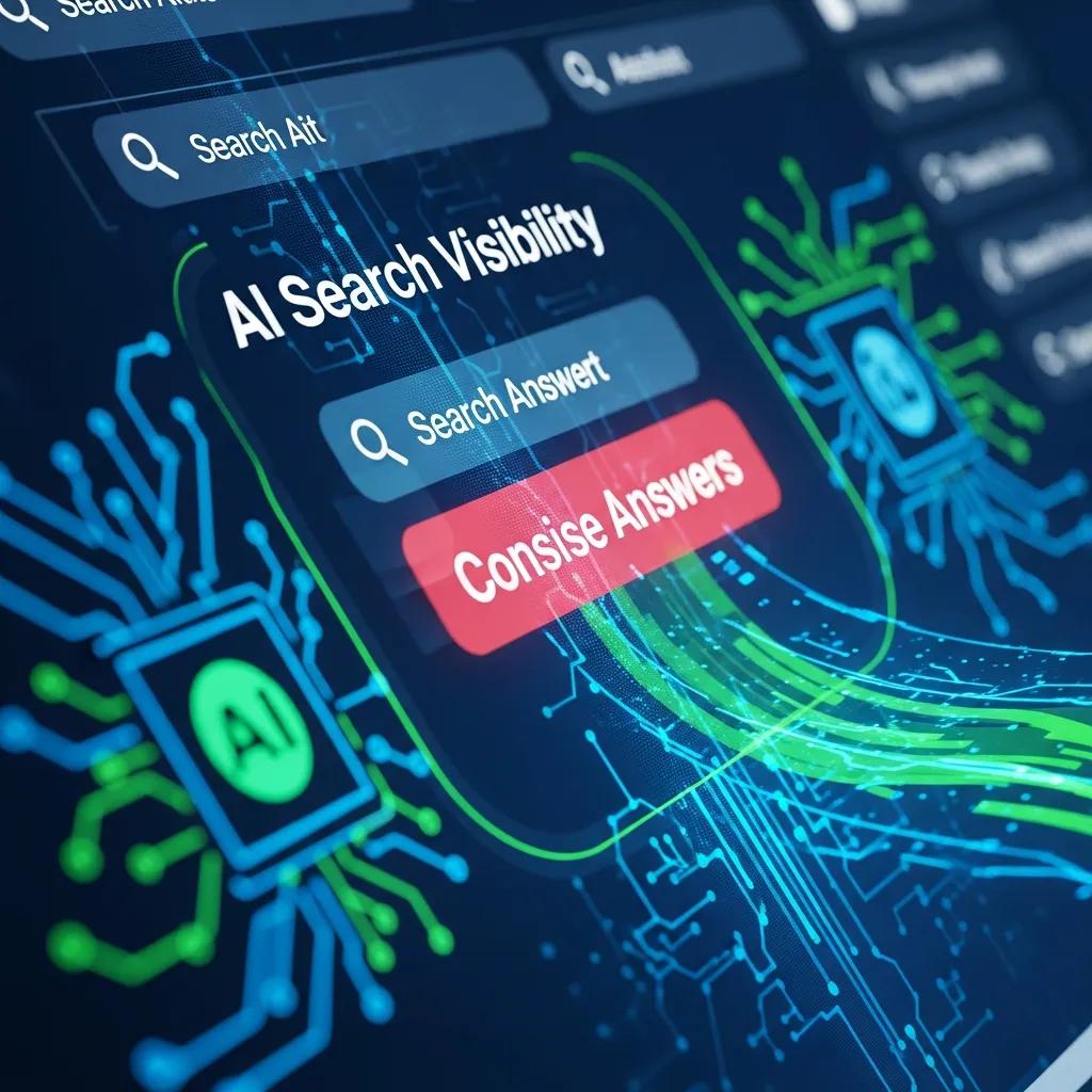 AI search visibility interface featuring search fields for "Search AI" and "Search Answer" alongside a prominent button labeled "Concise Answers," integrated with abstract circuit patterns symbolizing AI technology.