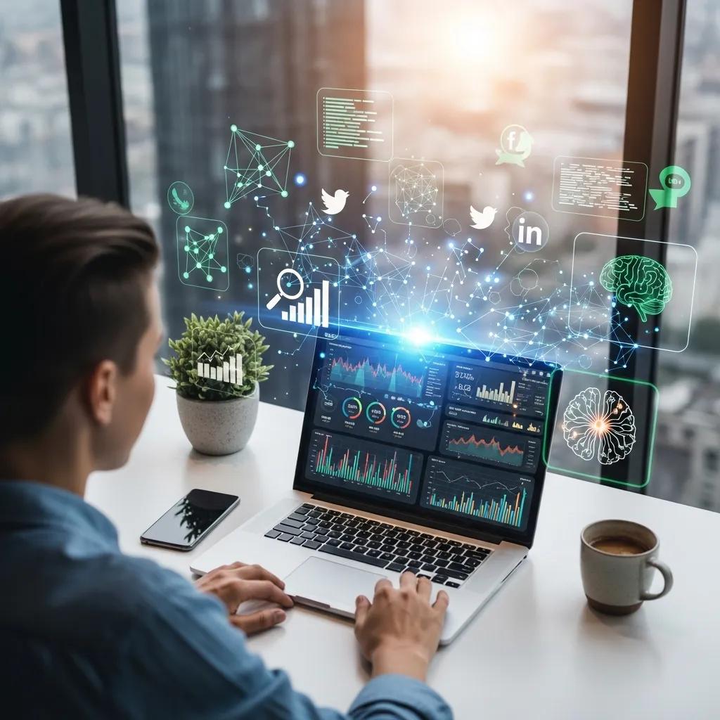 Person analyzing AI-driven marketing data on a laptop, surrounded by digital analytics graphics and social media icons, representing InnovAit's focus on AI solutions and business optimization strategies.